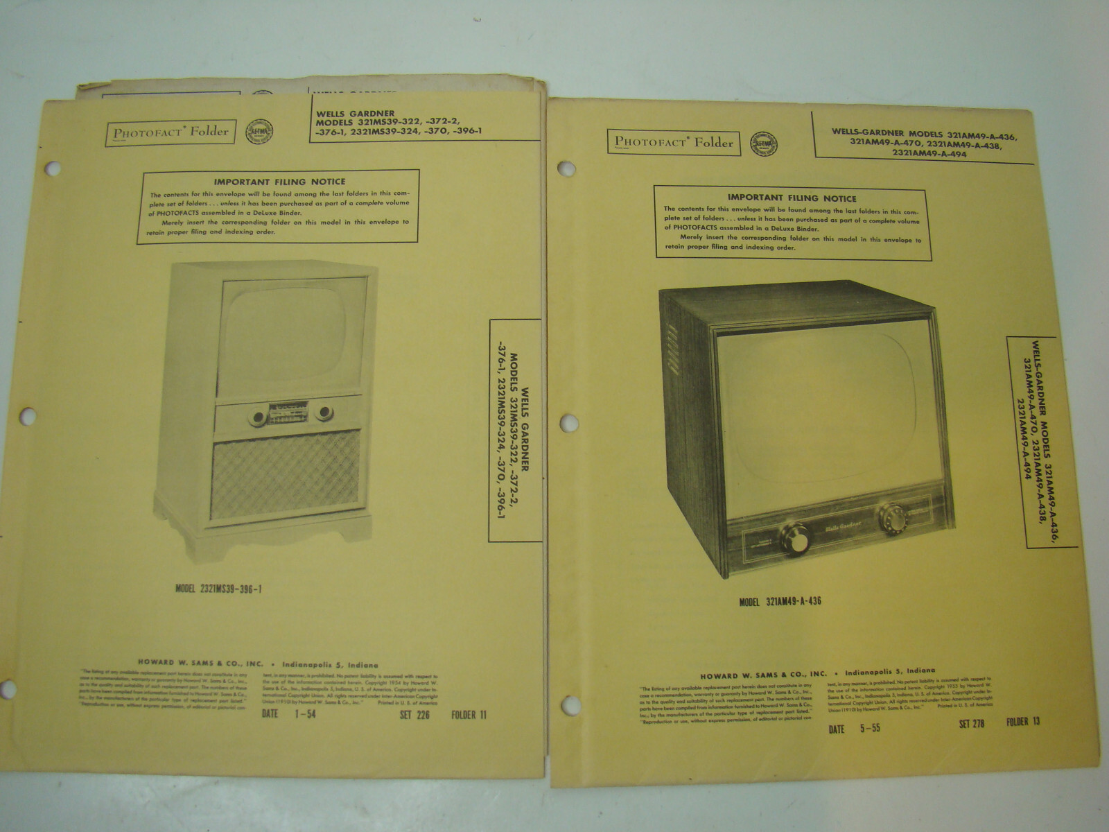 SAMS PHOTOFACT FOLDER Wells Gardner 321AM49-A-436 & 2321MS39-396-1 and more