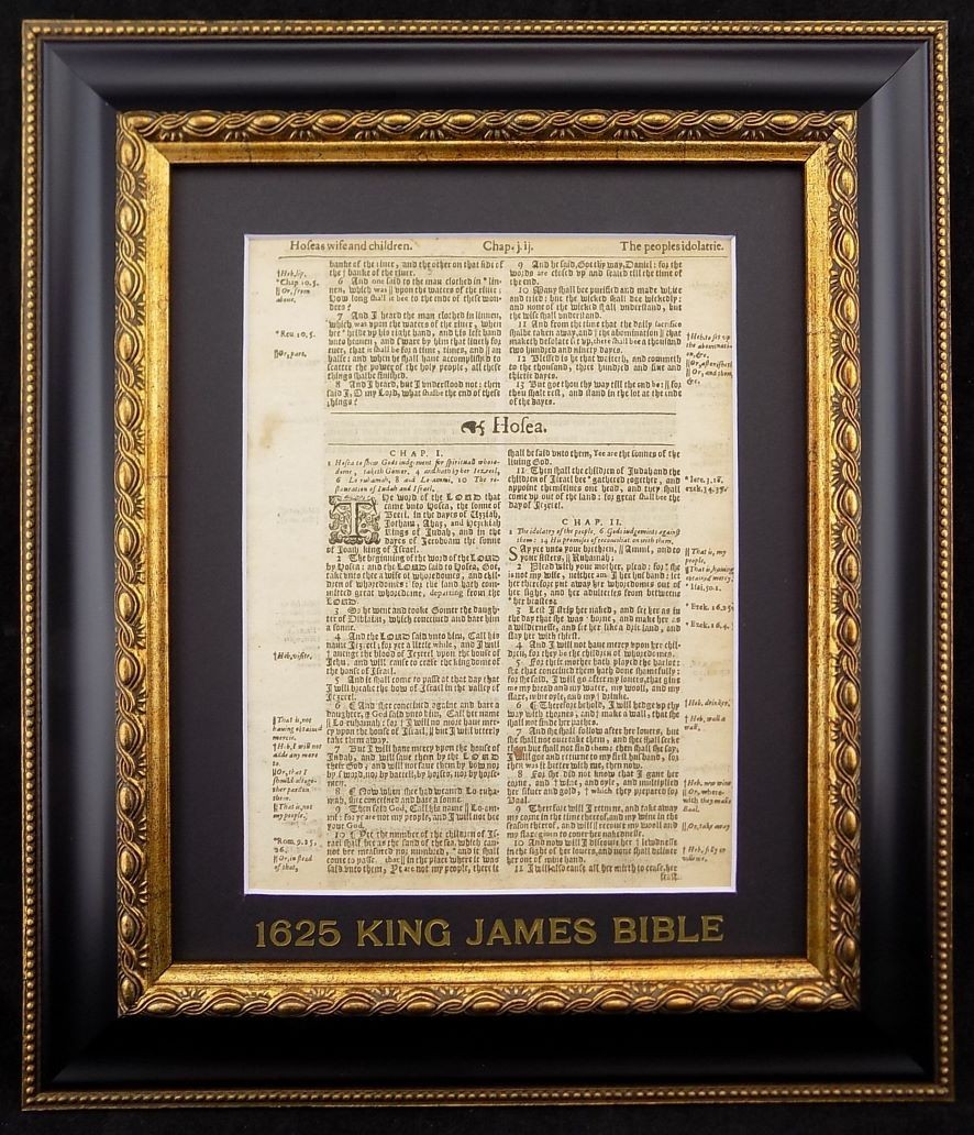 1625 KING JAMES BIBLE LEAF HOSEA TITLE PAGE, LAST IN KING’S LIFETIME FRAMED