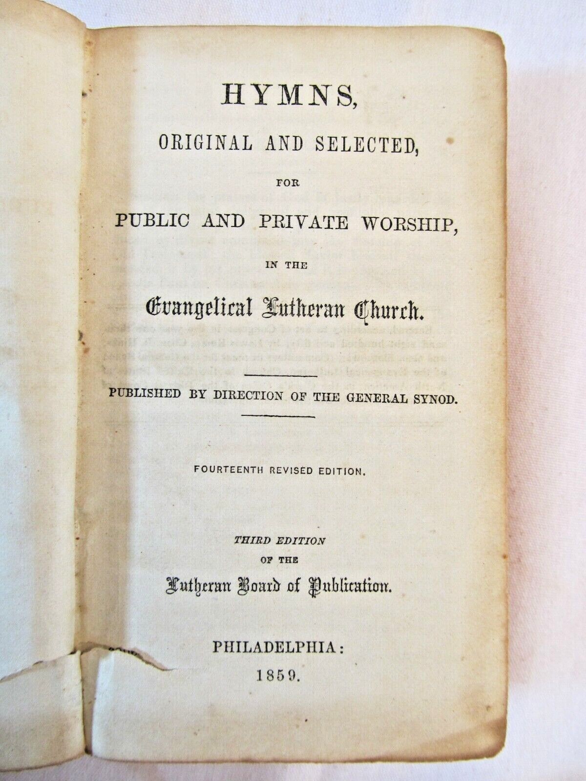 1859 Book „Hymns for Public & Private Worship“ Evangelical Lutheran Church