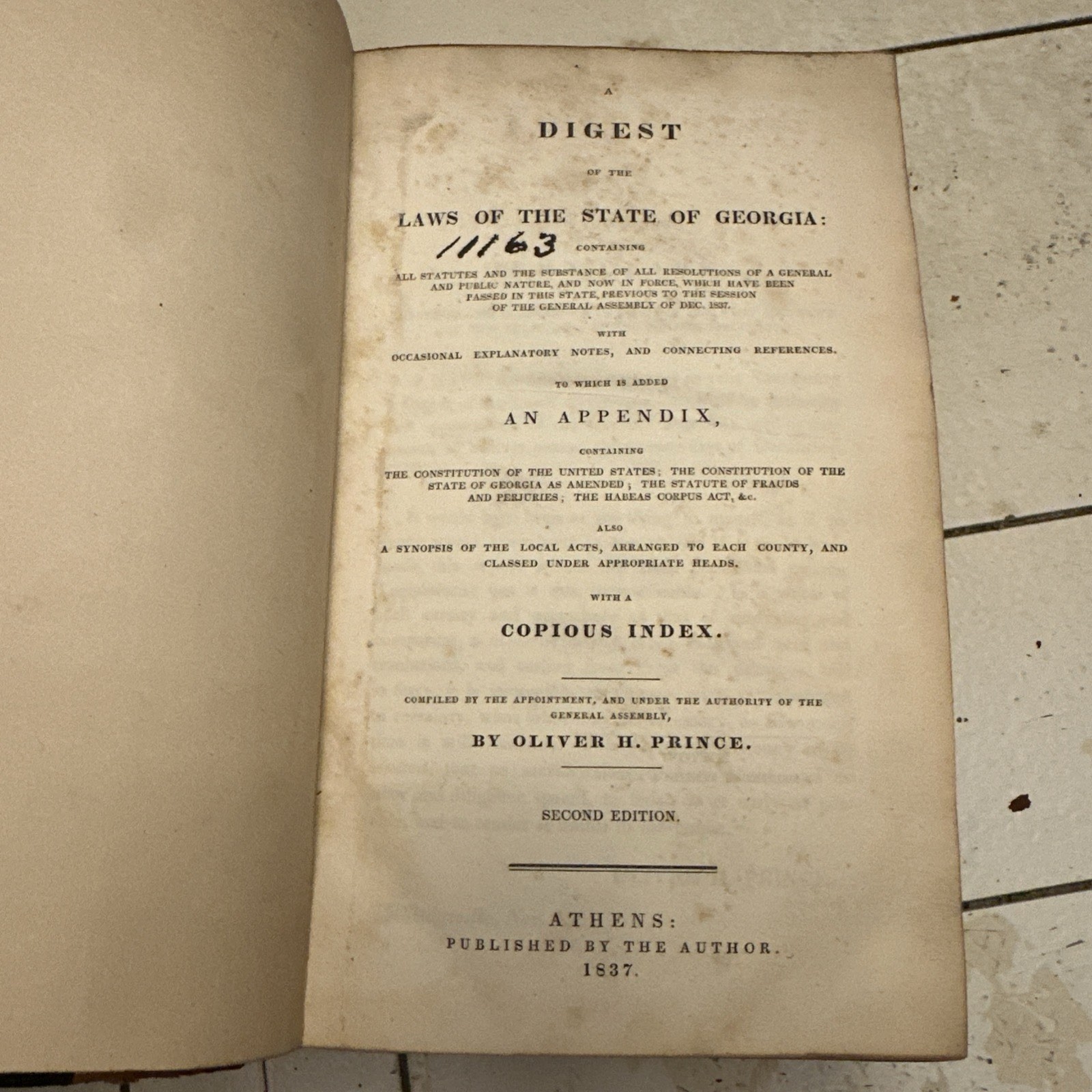 1837 Digest of Georgia Laws 2nd Ed. Oliver H. Prince Rare Law Book Pre Civil War