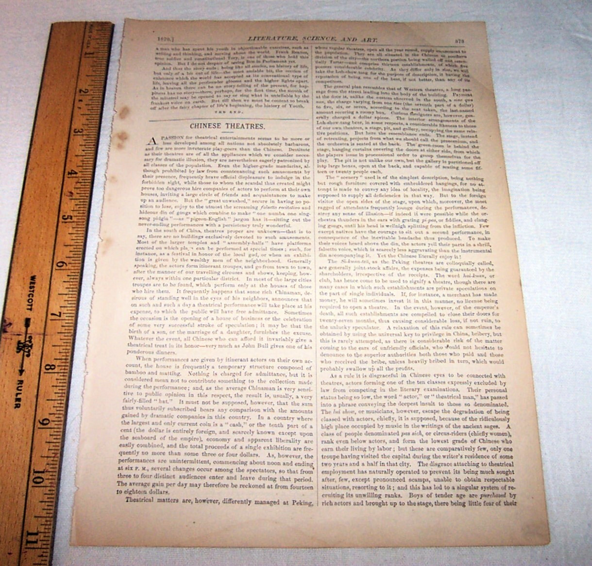 1870 Chinese Theater article , Actors Theatrical Entertainments Peking China