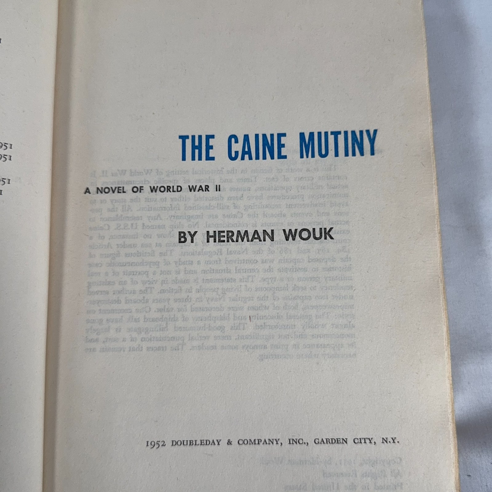 The Caine Mutiny Herman Wouk 1952 Doubleday Hardcover WWII Navy Classic