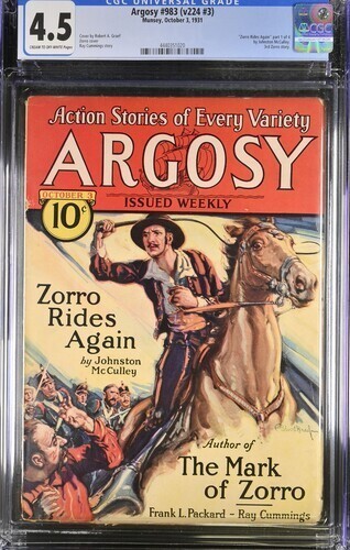 Argosy 1931 October 3, #983. CGC 4.5. Zorro Rides Again. Pulp