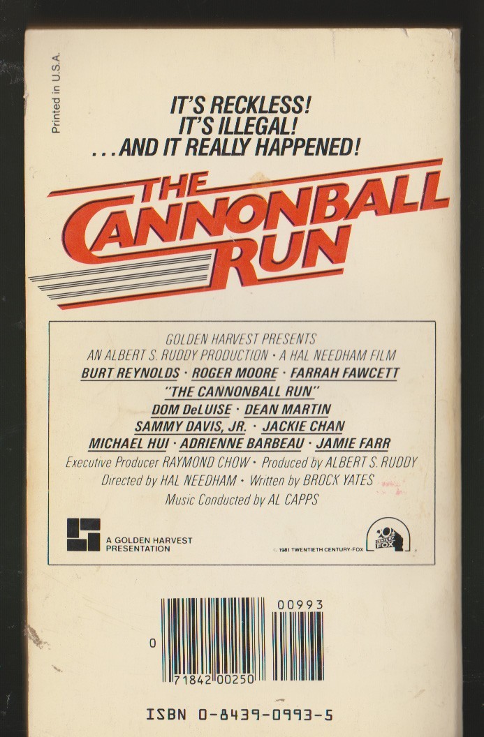 The Cannonball Run – based on the Screenplay – Burt Reynolds Movie Tie-in 1981