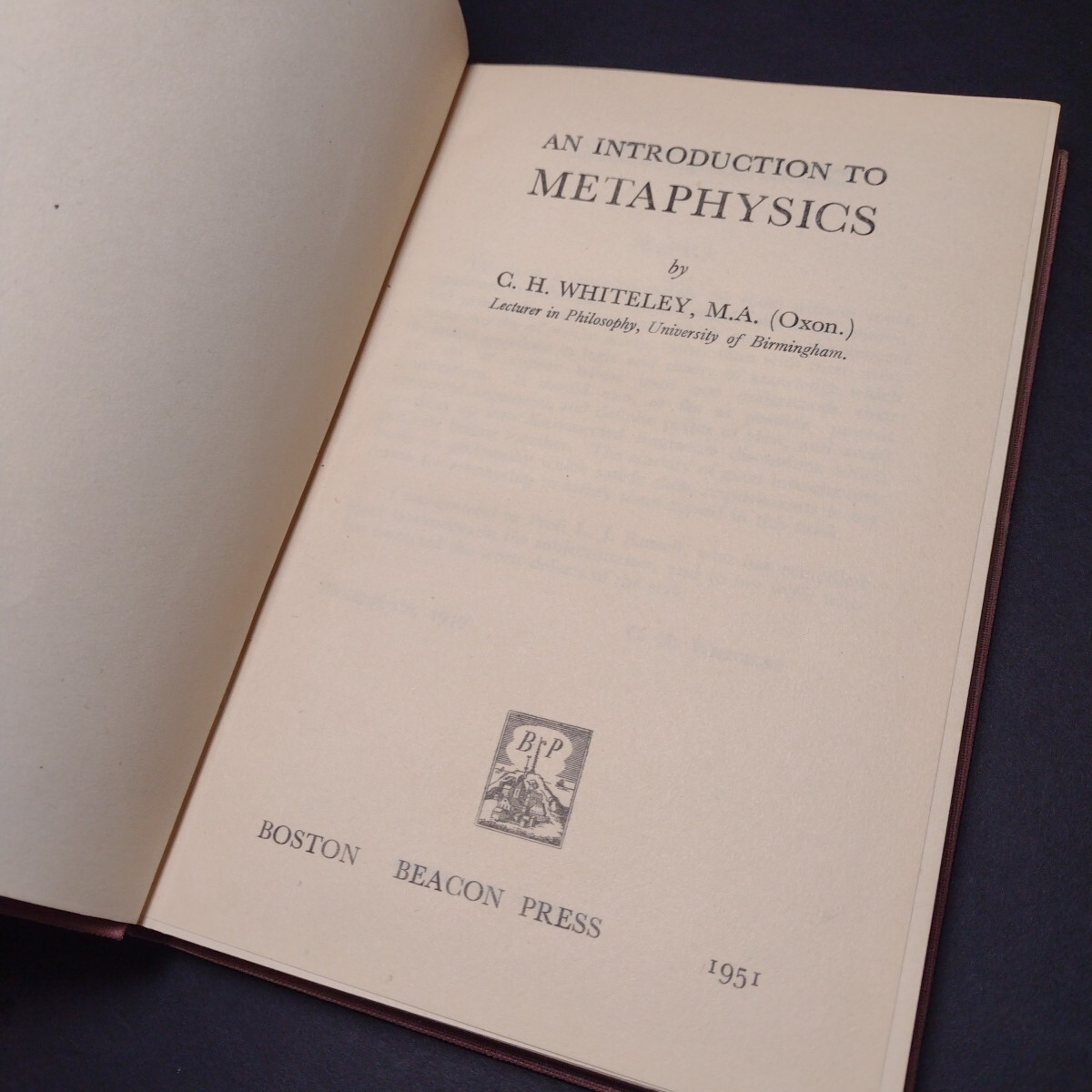 An Introduction to Metaphysics by C. H. Whiteley -Hardcover -1951 -Vintage