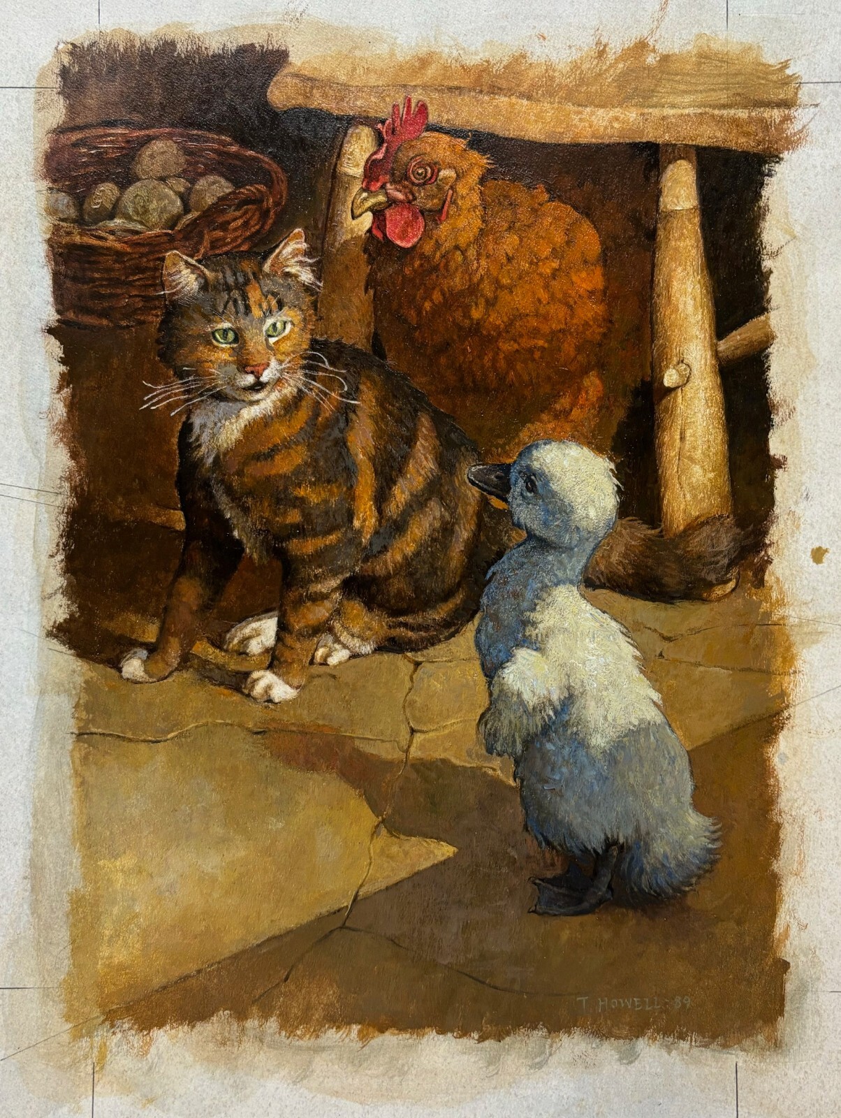 Original TROY HOWELL ‚Ugly Duckling‘ CAT Chicken Duck BOOK Illustration PAINTING