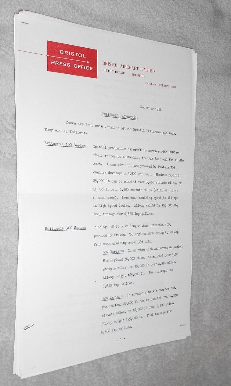 BRISTOL AIRCRAFT LTD PRESS OFFICE PUBLICATION 1958. „BRITANNIA BACKGROUND“