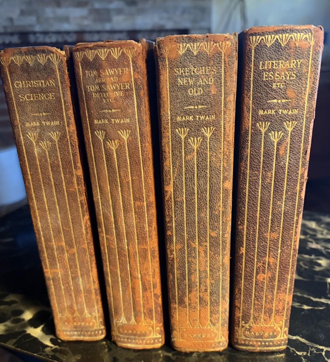 4 Antique Mark Twain Books Harper Limp Leather Tom Sawyer Abroad Christian Sci.