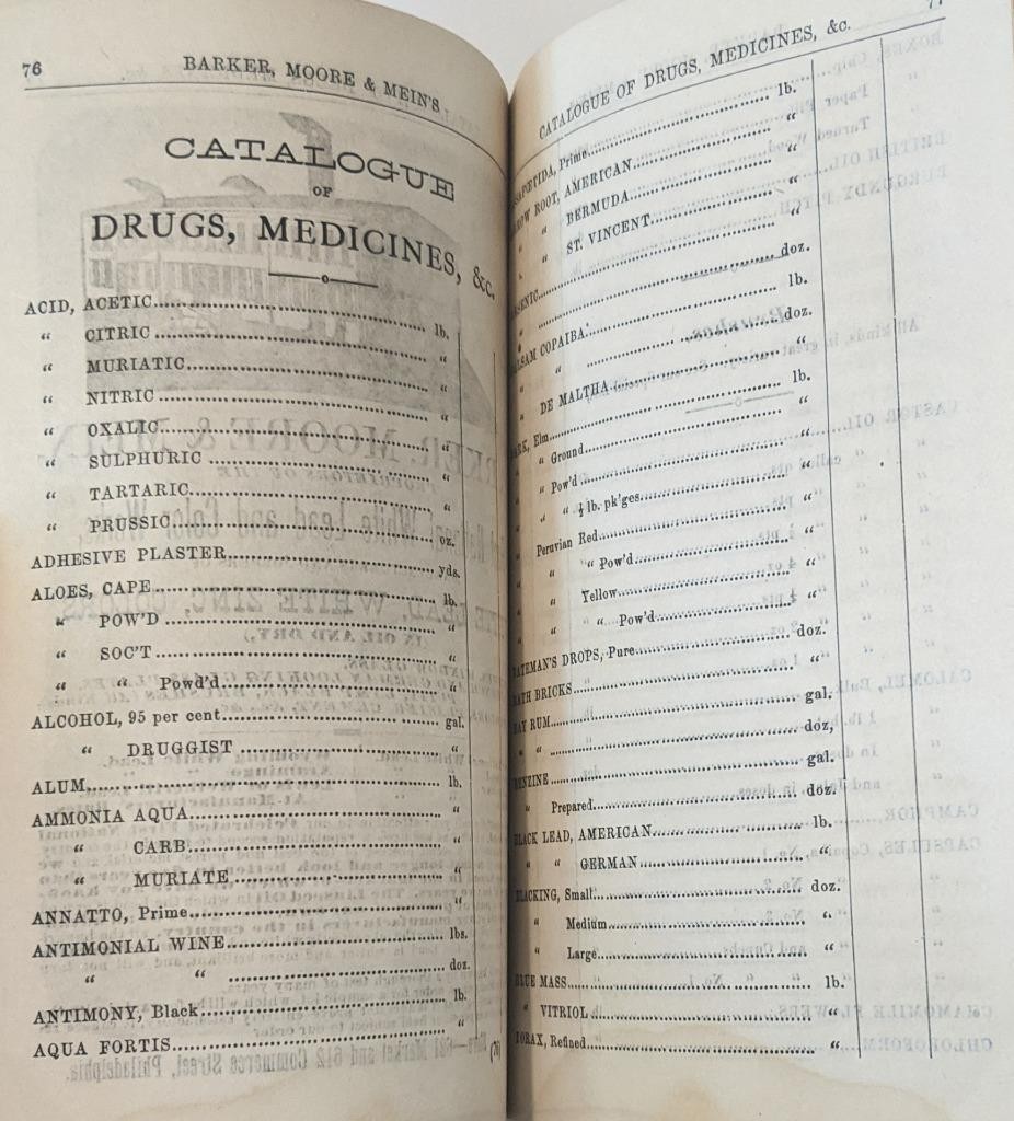 1875 CENTENNIAL GUIDE BOOK CATALOG by BARKER Moore & MEIN DRUGGISTS PHILADELPHIA
