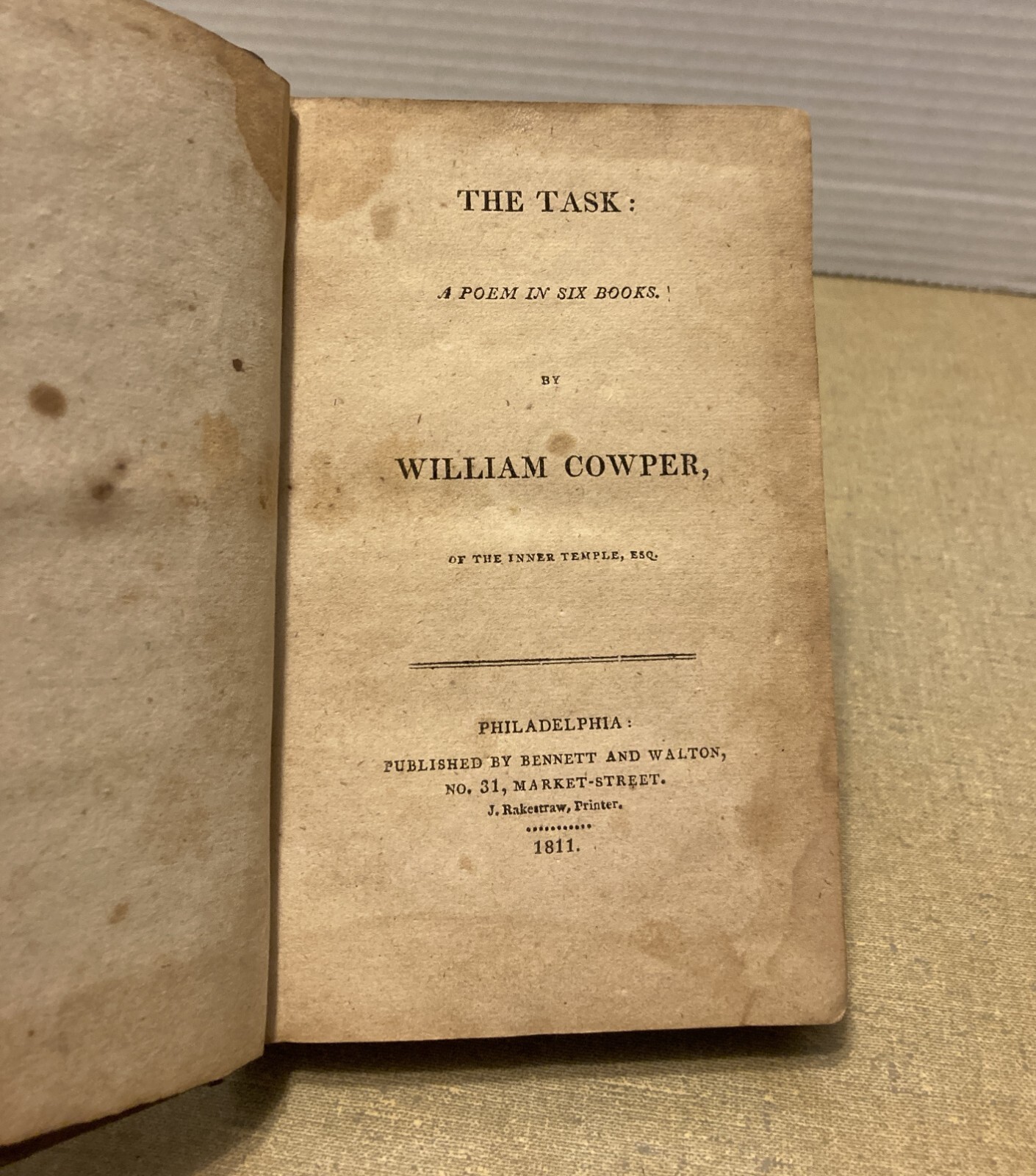 1811 Leather bound The Task a Poem in 6 Books by William Cowper Philadelphia