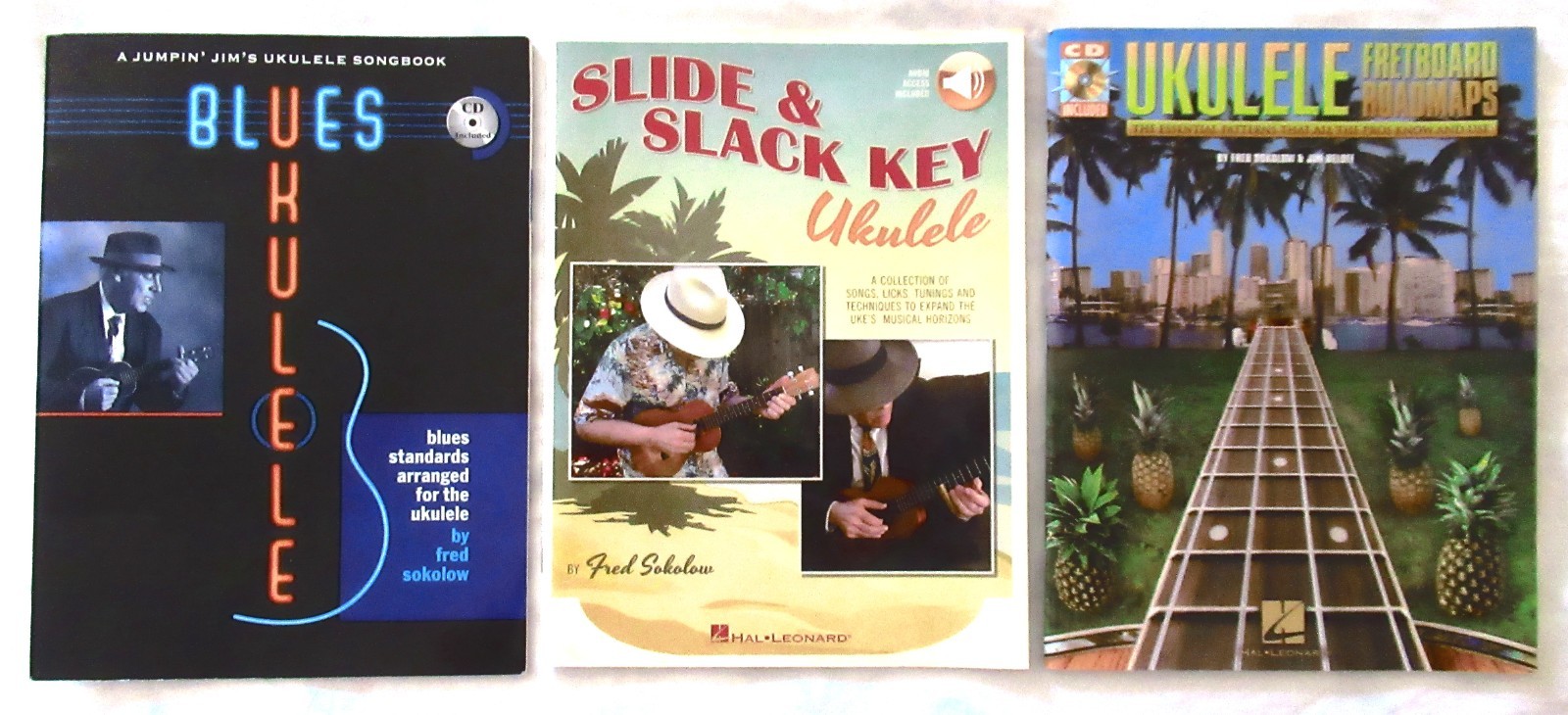 3 FRED SOKOLOW Bks SLIDE & SLACK KEY UKULELE, UKULELE FRETBOARD ROADMAPS + BLUES
