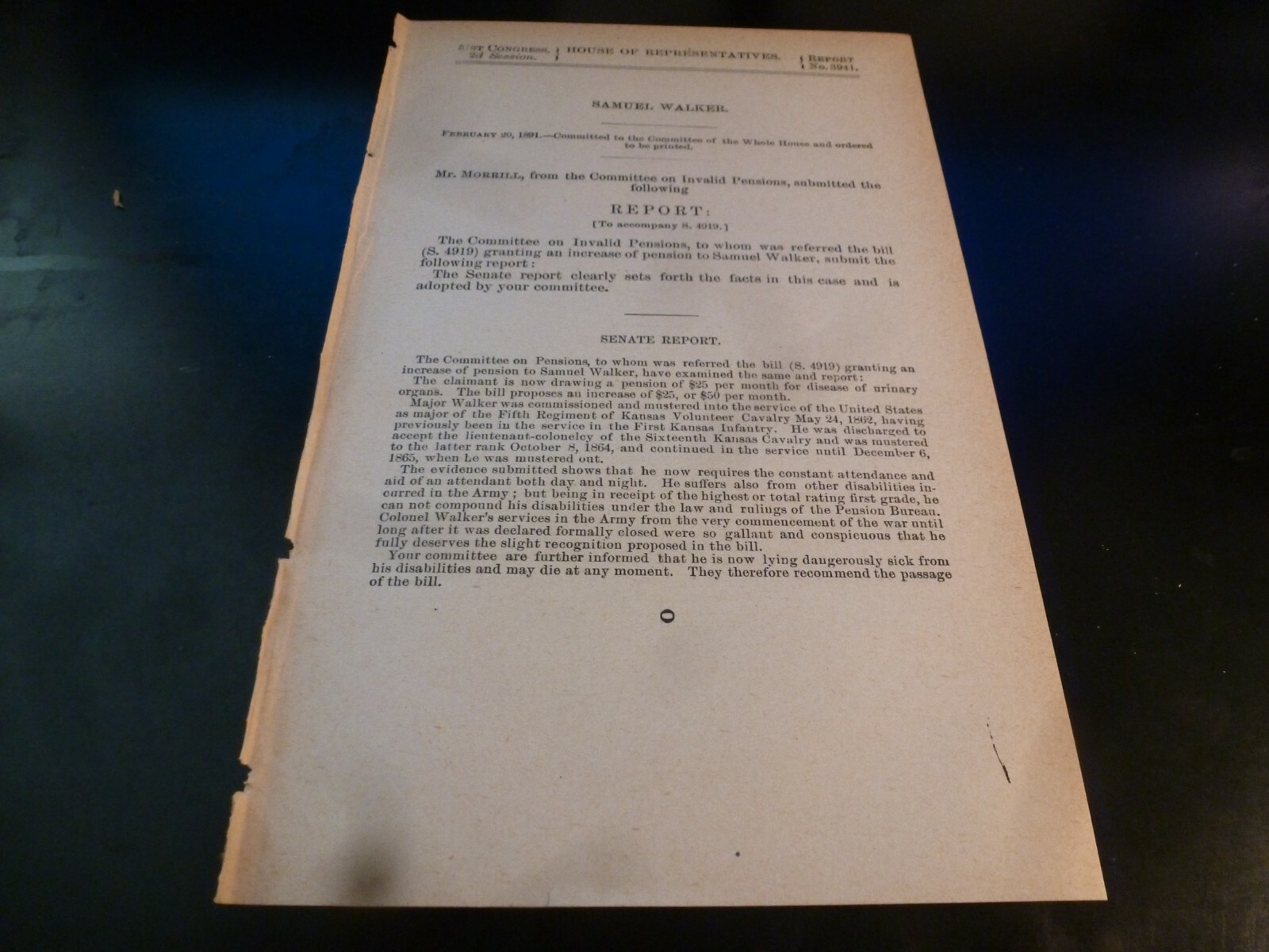 Government Report 1891 Samuel Walker 5th Reg Kansas Volunteer Cavalry Civil War