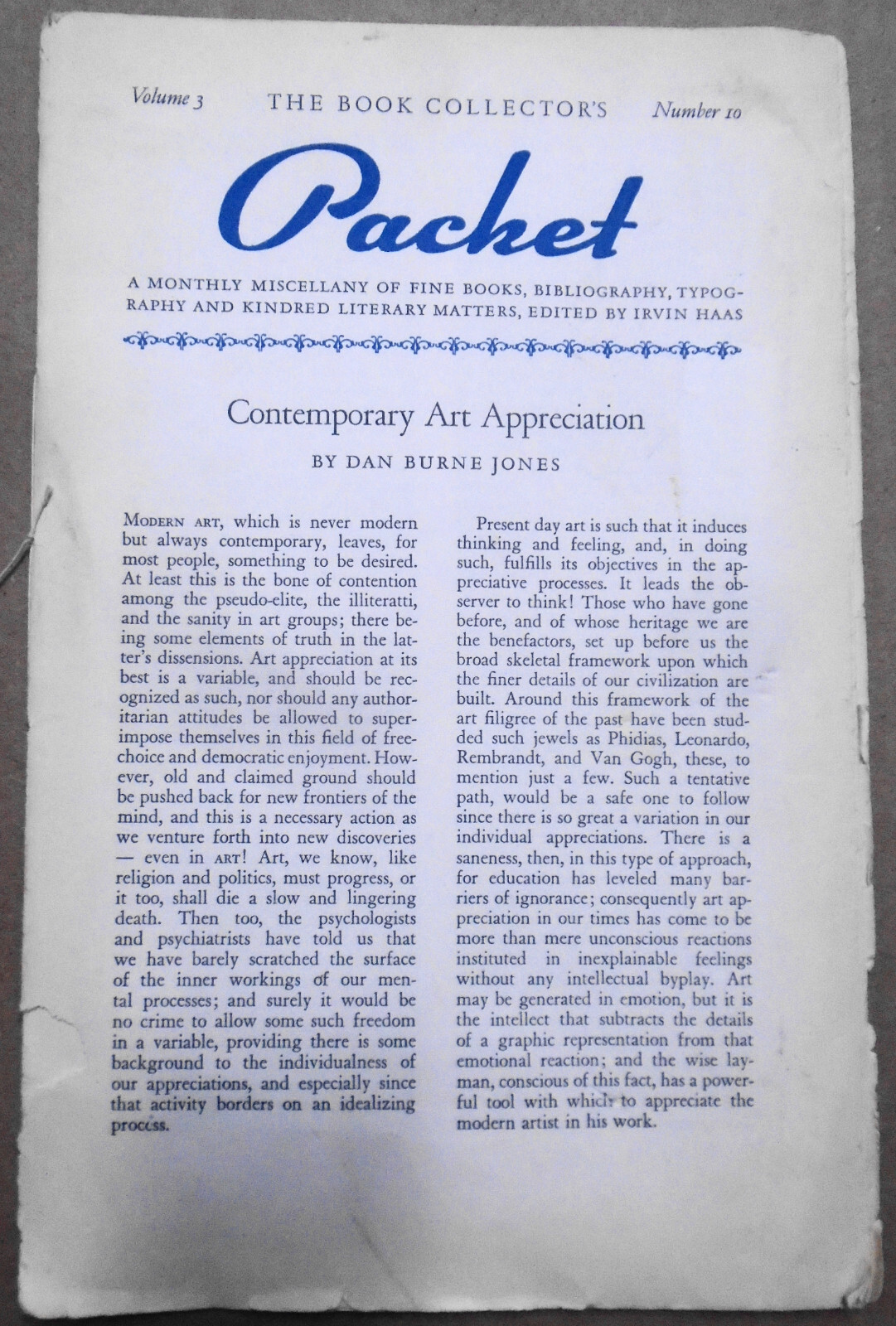 Book Collector’s Packet October 1939 – Art Appreciation; Australia Fine Printing