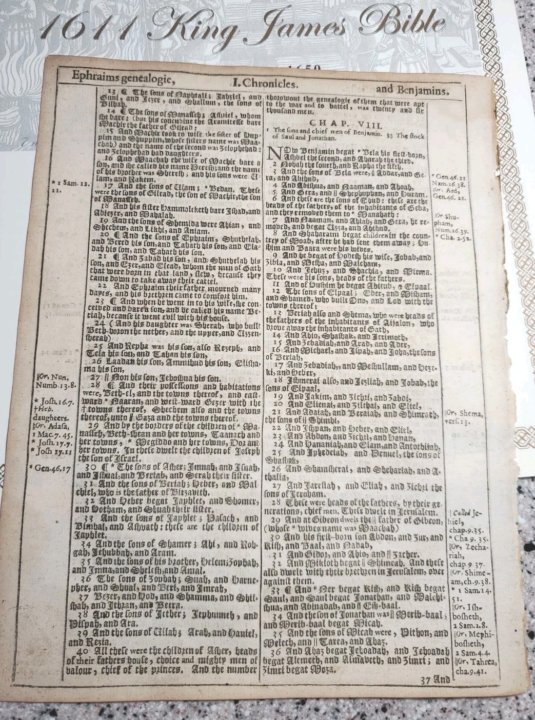 1611 King James Bible Facsimile + Original Leaf 1st Chronicles , 9″ X 11 X 3.5″