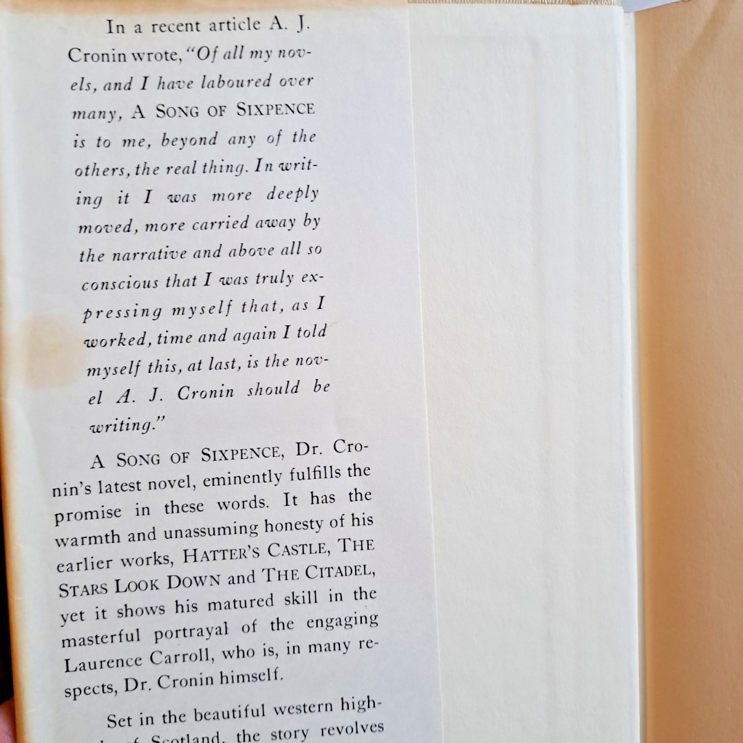 A Song Of Sixpence, AJ Cronin?1964 HC DJ BCE Little Brown & Co 224 Pages