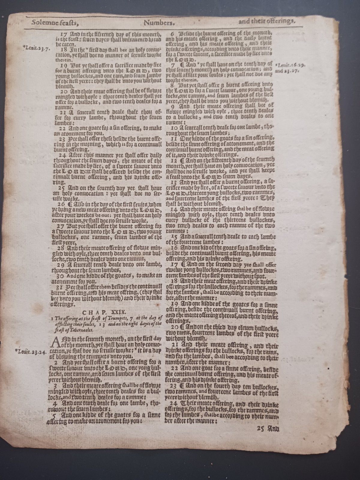 Original 1614 King James Bible Leaf 149 Numbers 27:4b to 29:24