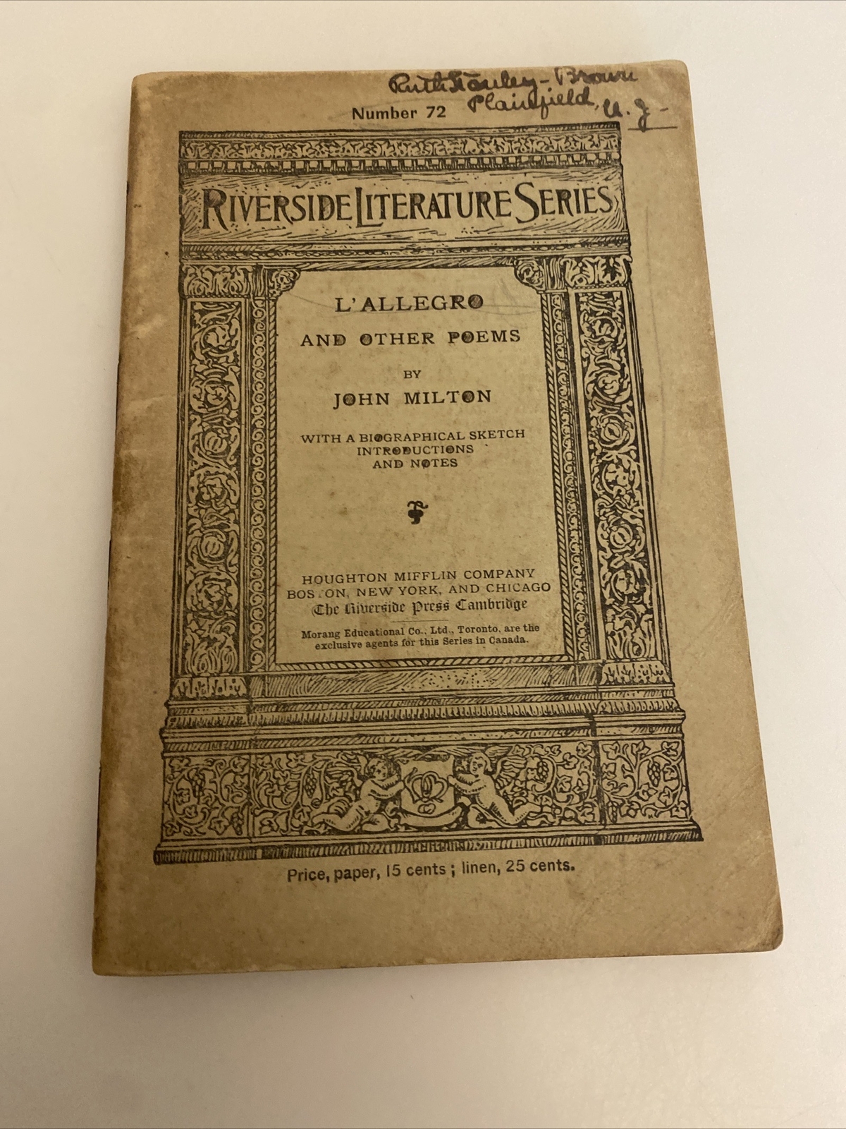 1896 #72 RIVERSIDE LITERATURE SERIES Antique Book L’AllEGRO Milton ab7