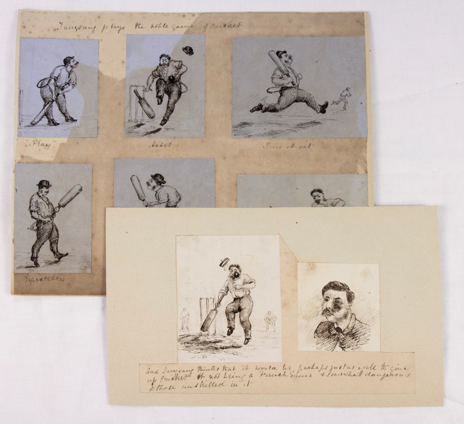 CRICKET – 1860s – original pen & ink sketches – hapless Frenchman plays the game