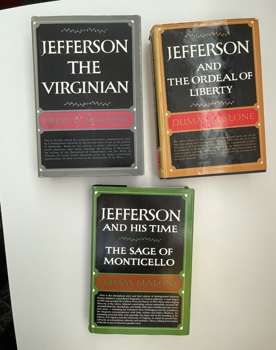 Dumas Malone Jefferson & His Time 3 Vol HC DJ 1st Ed Ordeal Liberty Sage