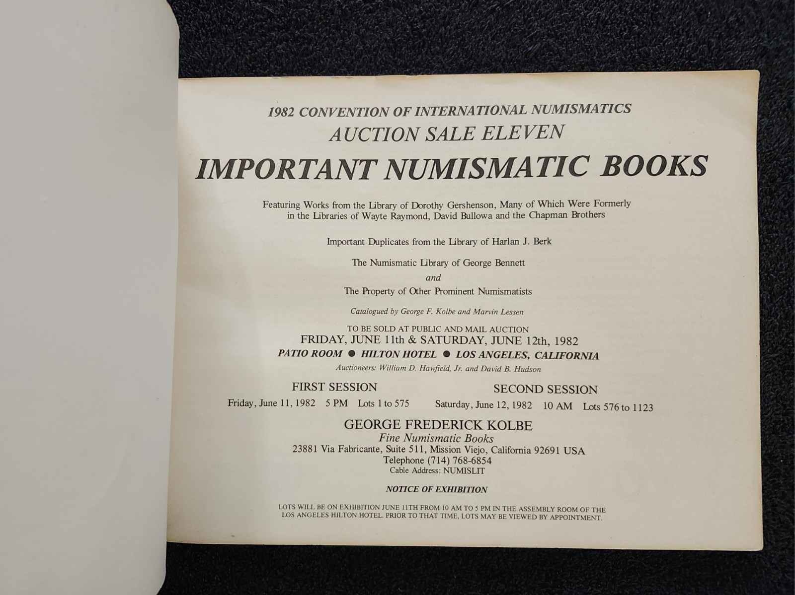 Important Numismatic Books 1982 Auction #11 Catalog George F. Kolbe Los Angeles
