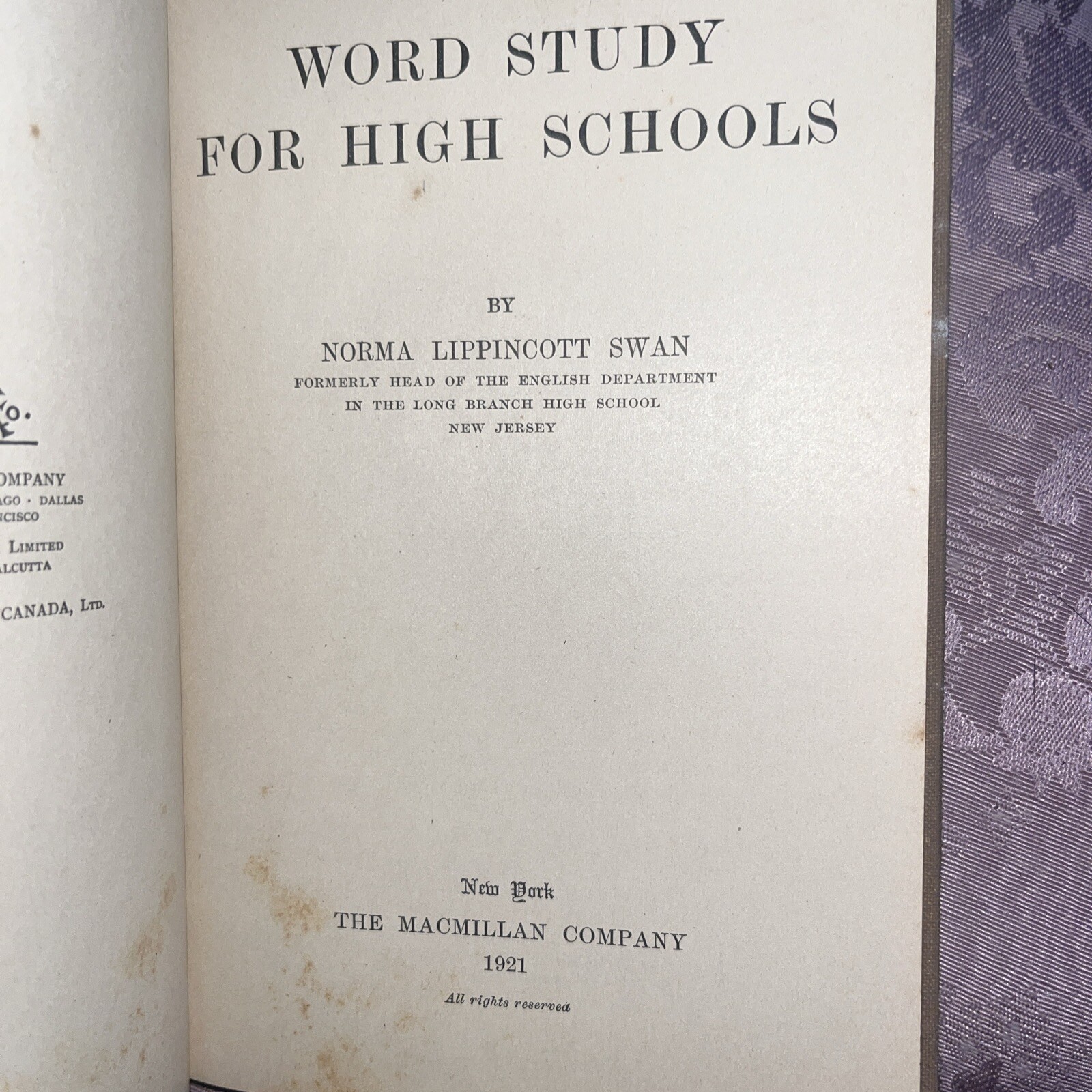 Word Study For High Schools HC Book Norma Lippincott Swan 1921