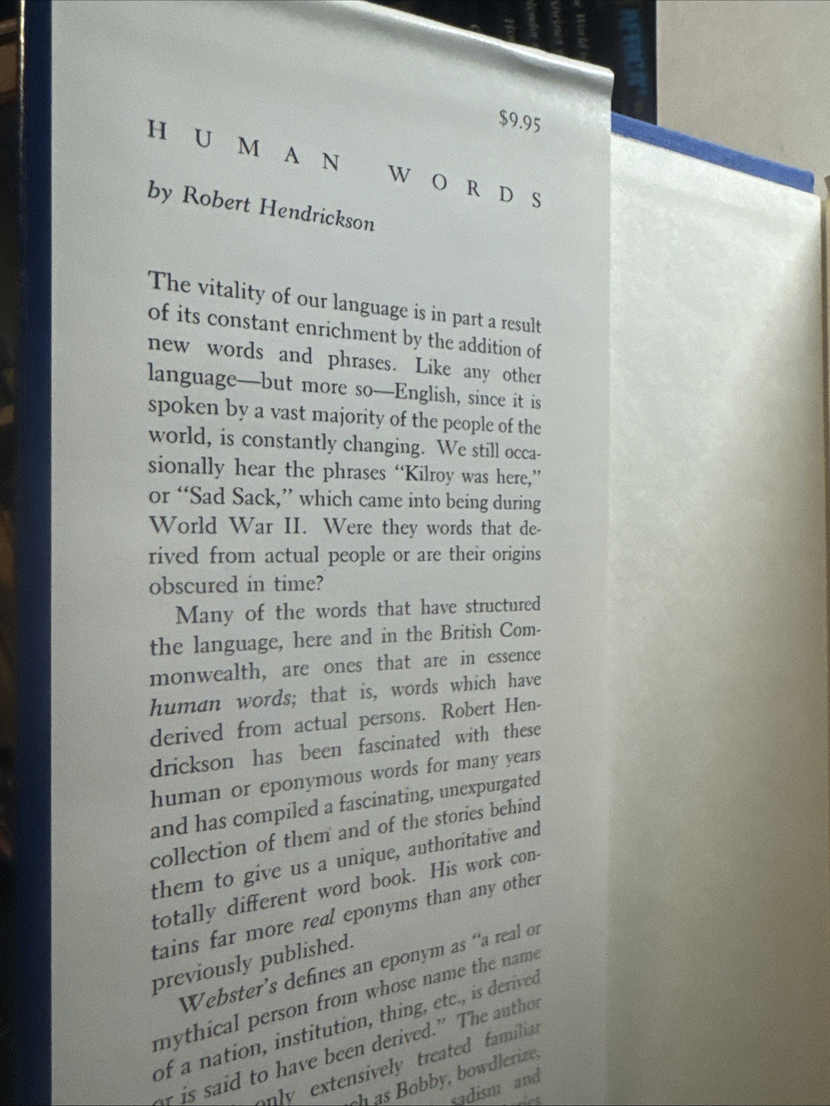 HUMAN WORDS ROBERT HENDRICKSON 1972 HARDCOVER WITH DUST JACKET 1St Edition