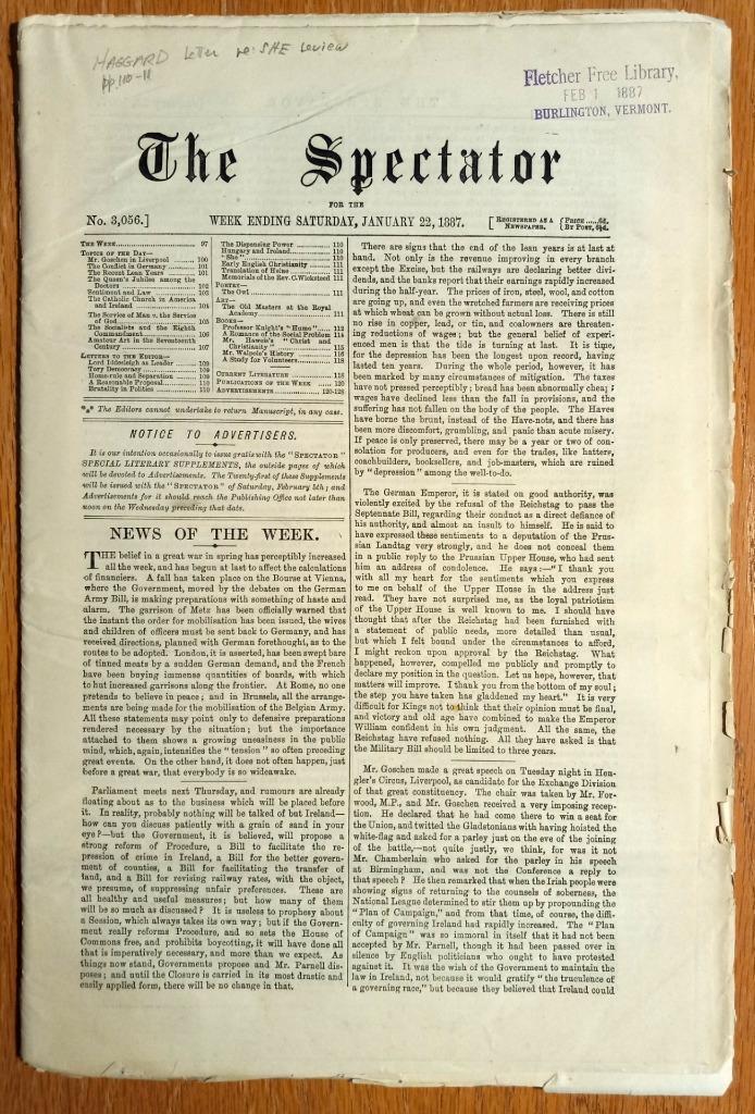 The Spectator – January 22, 1887 #3056. H. Rider Haggard letter – She, Ayesha.