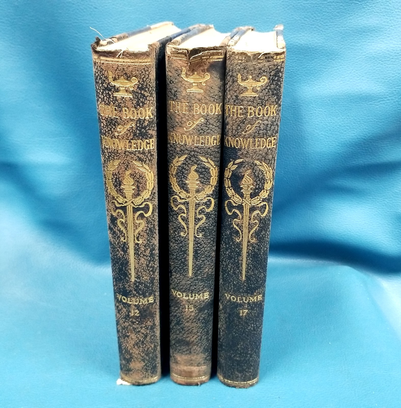 The Book of Knowledge Grolier 1919 HC Leather Gold Gilt 3 Vols Illus Kids Books