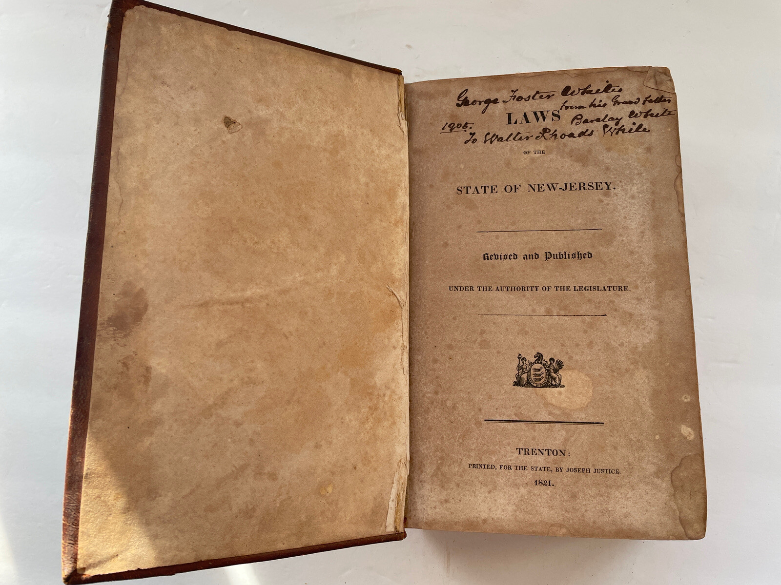 1821 Laws of the State of New Jersey Antique Leather Book 1821 First Edition