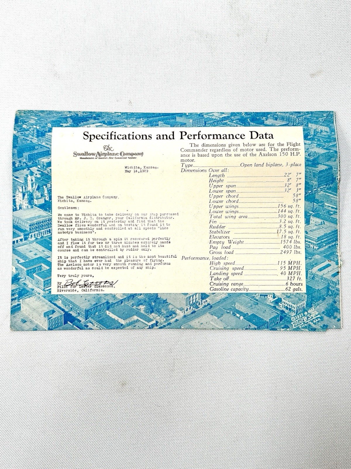 Scarce! Original Signed Swallow Airplane Co-1929: Certificate #125-with markings