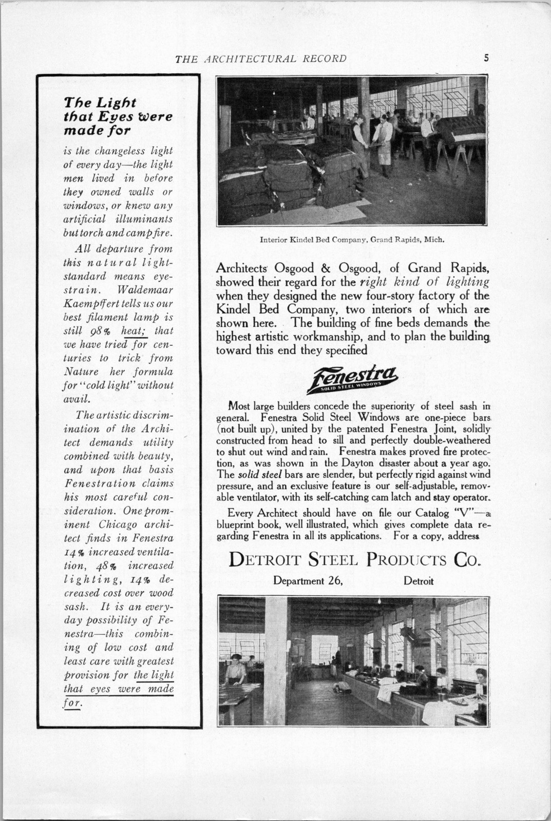 1914 Print Ad * Kindel Bed Company Grand Rapids MI * Osgood & Osgood Architects