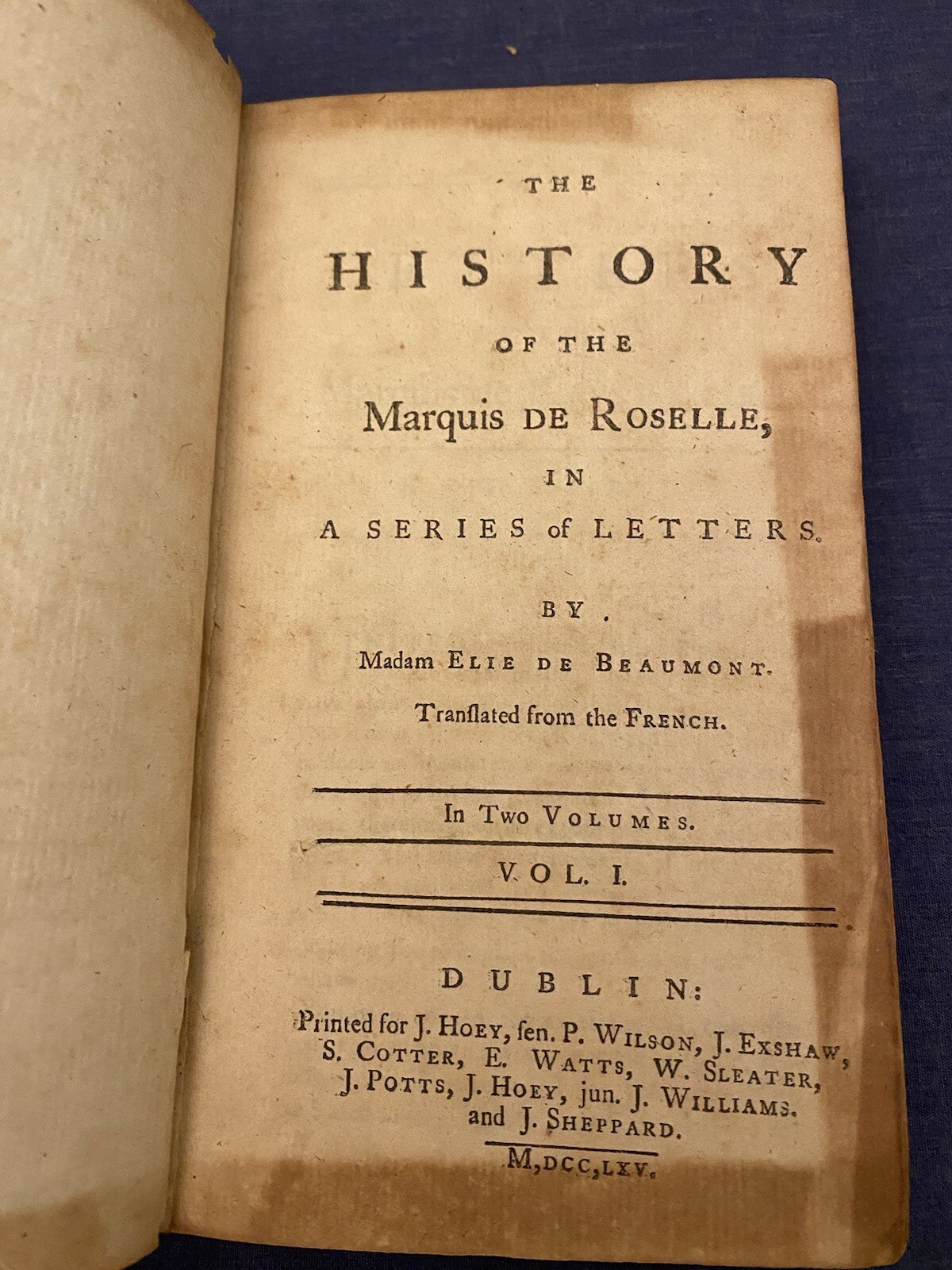 1765 The History of the Marquis de Roselle Madam Elie de Beaumont Vol 1 Leather