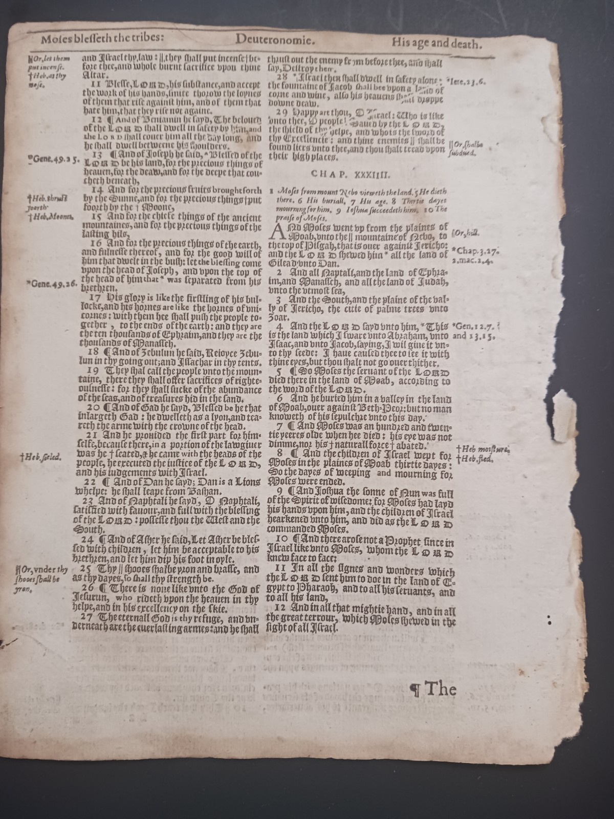 Original 1614 King James Bible Leaf 86 Deuteronomy 32:23 to 34:12