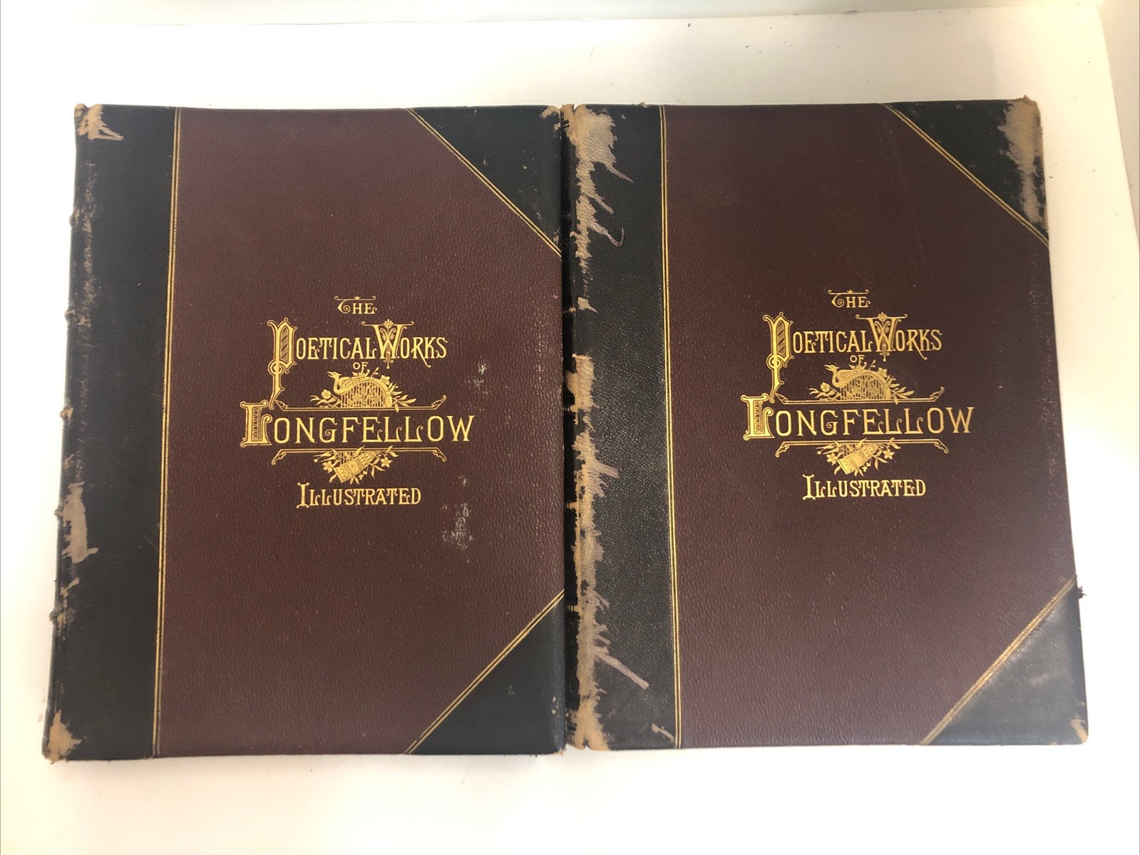 The Poetical Works of Longfellow Illustrated Leather Volumes 1 & 2 1879 1880
