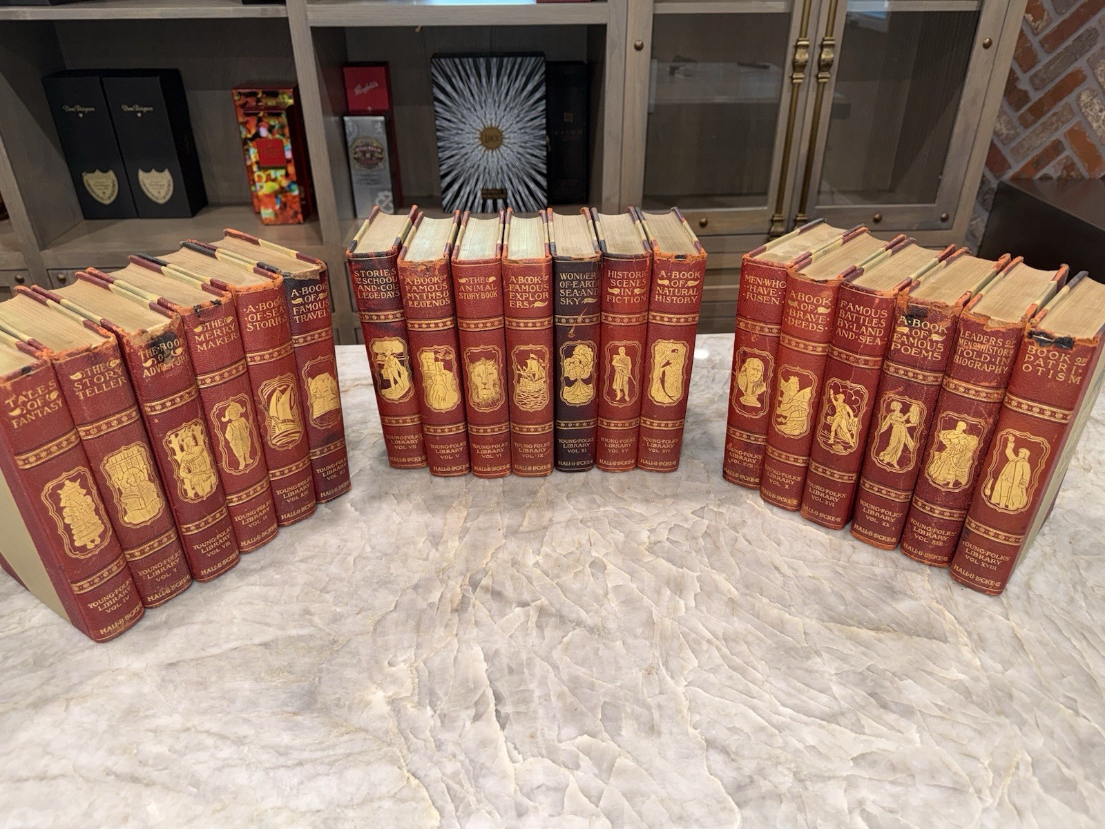 Antique 1902 Young Folks Library 19 Vol Set Hall & Locke Victorian Red Gilt Bind