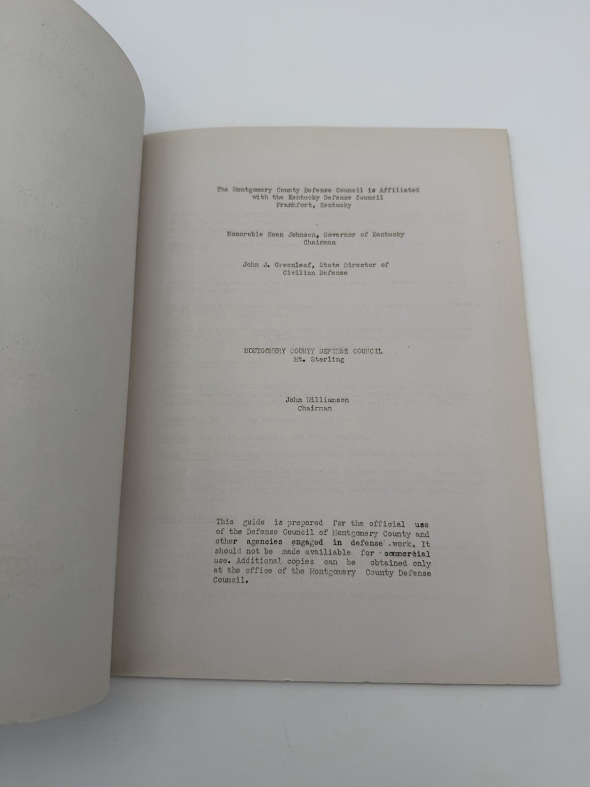 1943 Montgomery County KY Civilian Organizations WPA Defense Council Guide