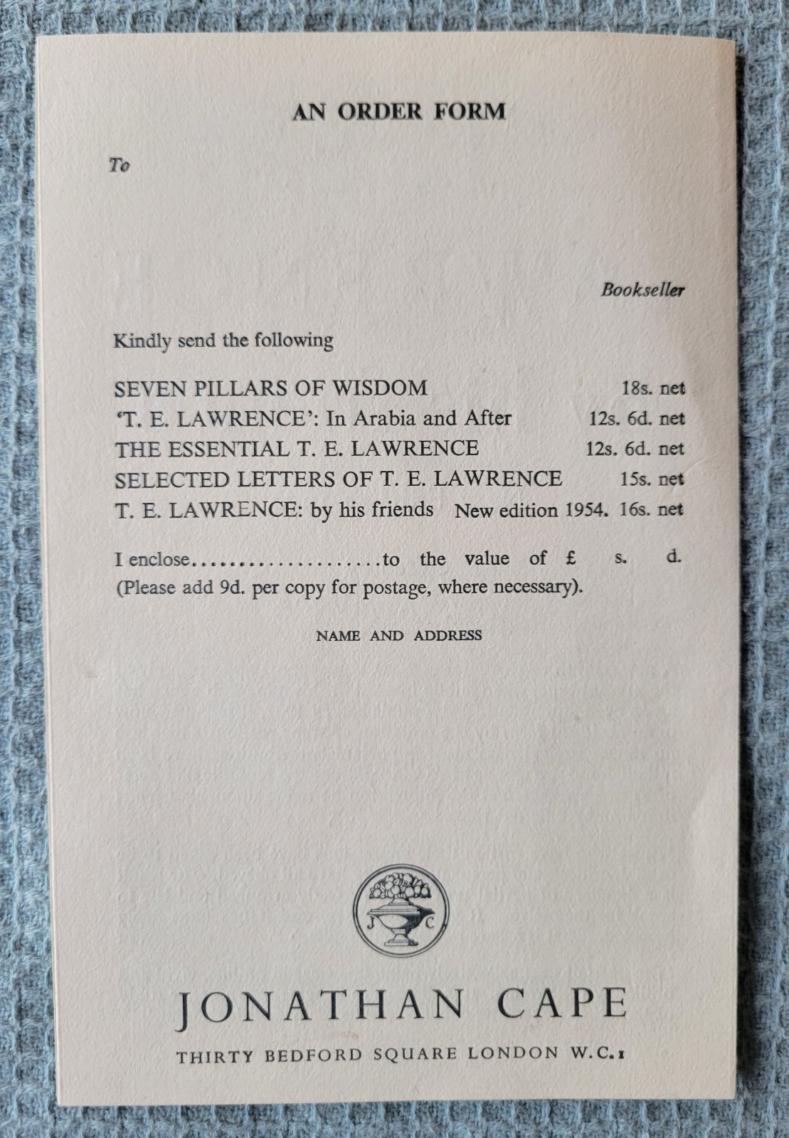 Jonathan Cape Book Order Form 1954 T. E. Lawrence Seven Pillars of Wisdom Arabia