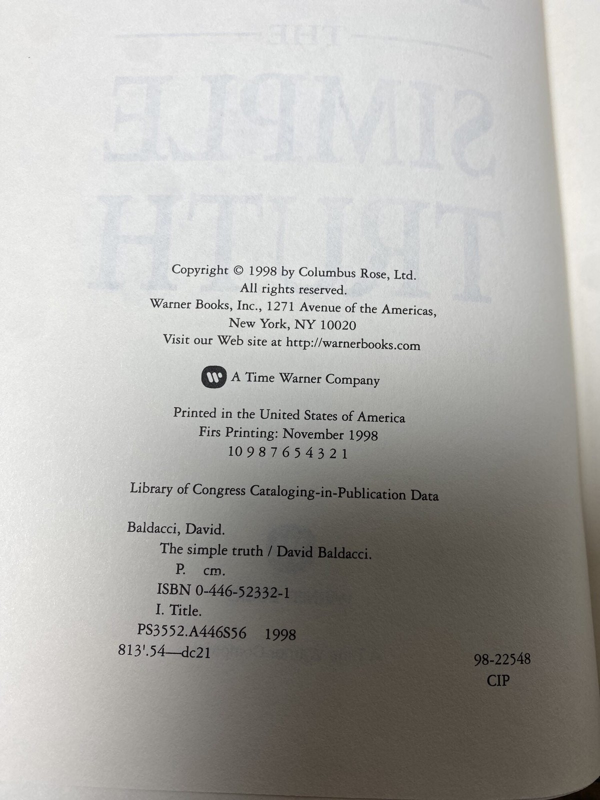 David Baldacci / The Simple Truth Signed 1st Edition 1998