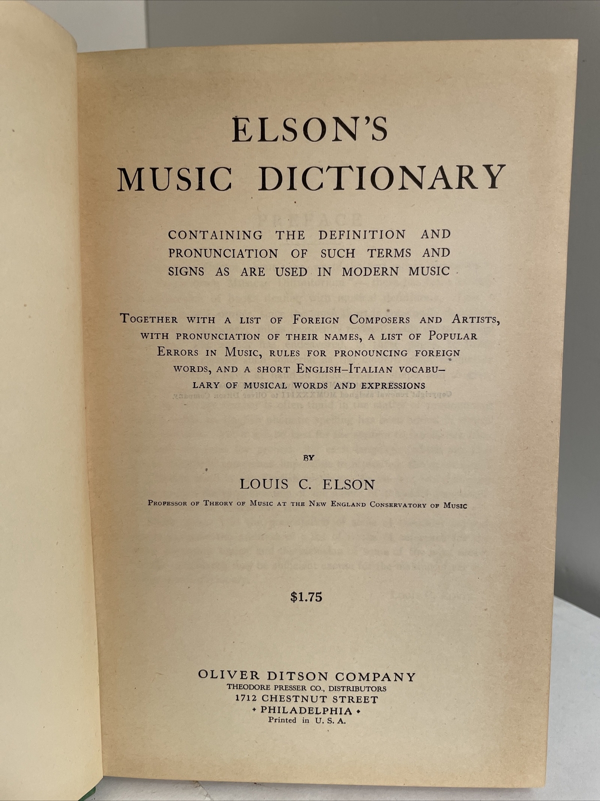 Louis C. Elson: ELSON’S MUSIC DICTIONARY; English-Italian, reference, 1950