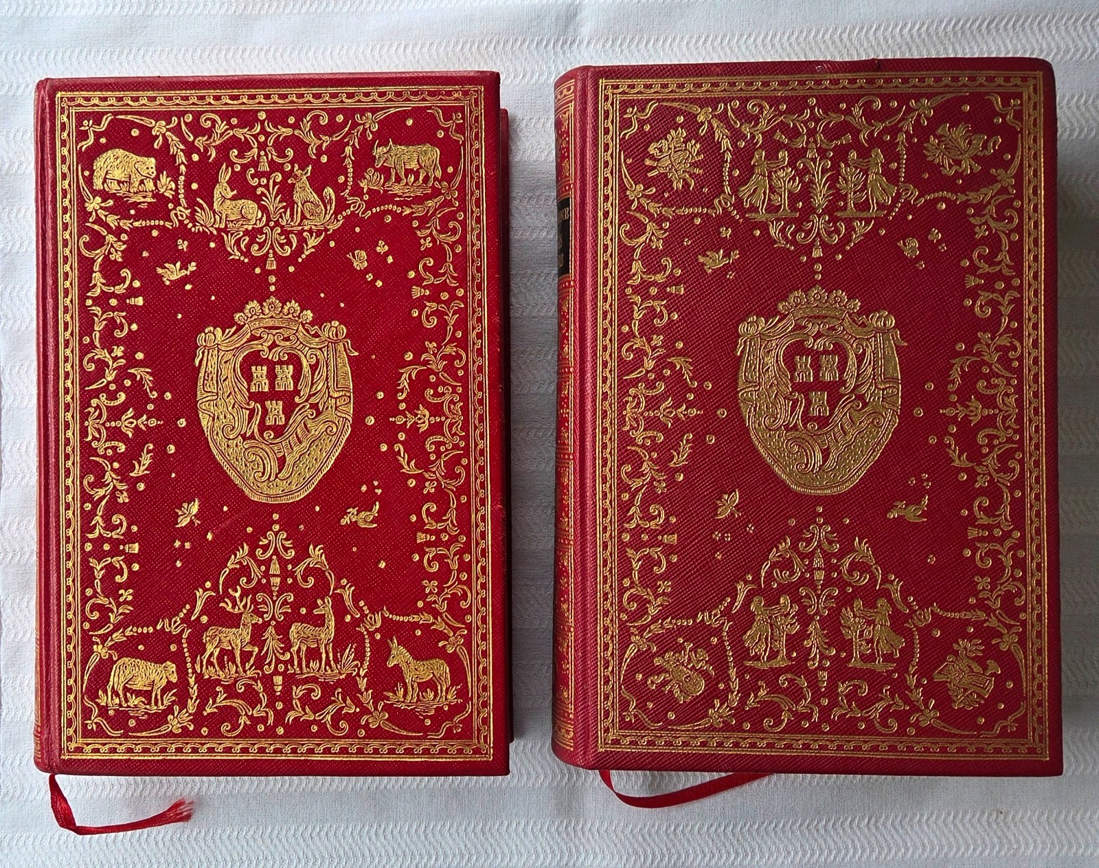 Pair Jean de la Fontaine French Fine Binding Volumes Gilt Decorated Red Leather