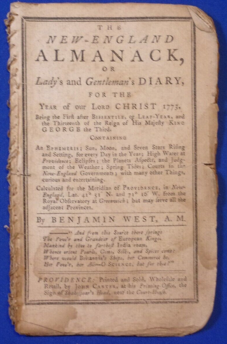 NEW ENGLAND ALMANACK & DIARY FOR 1773, by Benj. West, Providence, 1772, 16 Lvs.