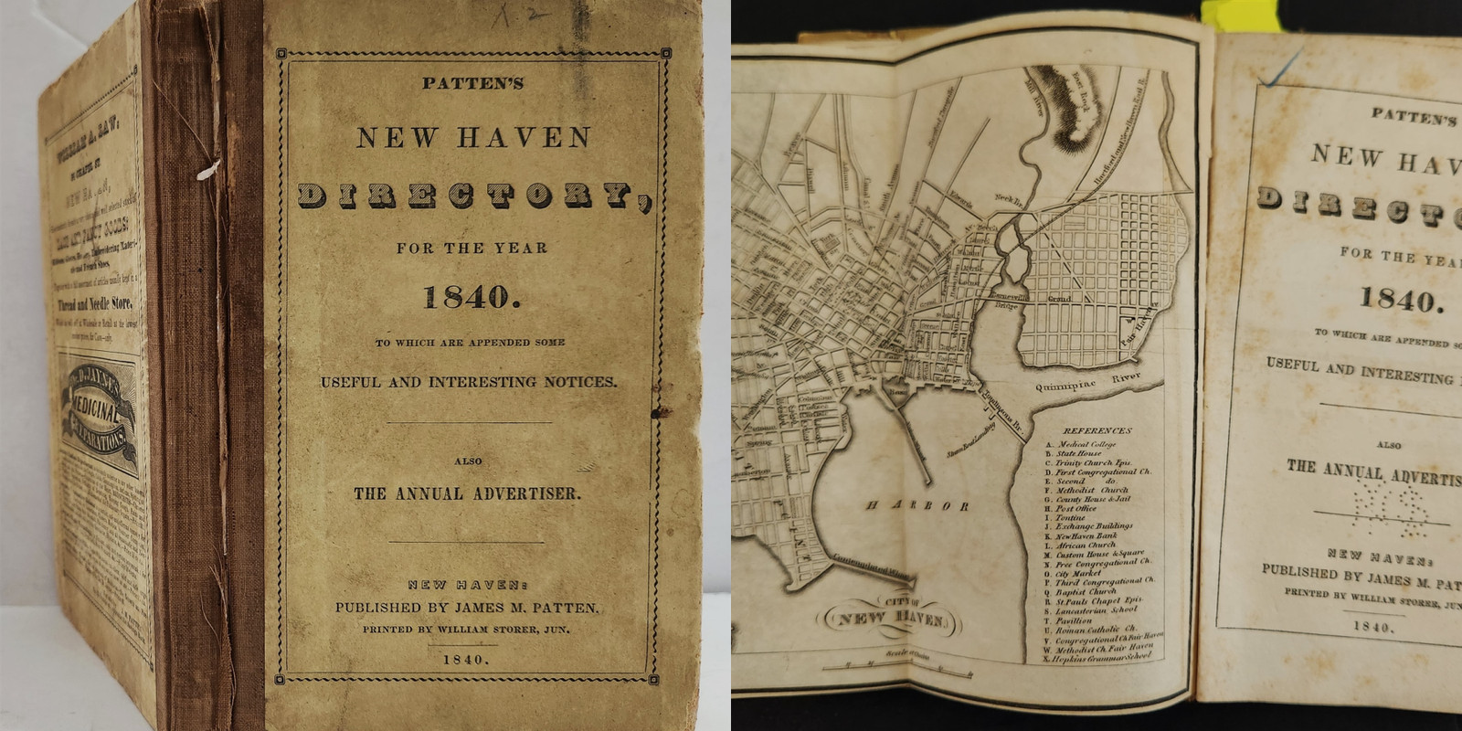 1840 antique NEW HAVEN ct DIRECTORY foldout MAP ADS genealogy occupation address