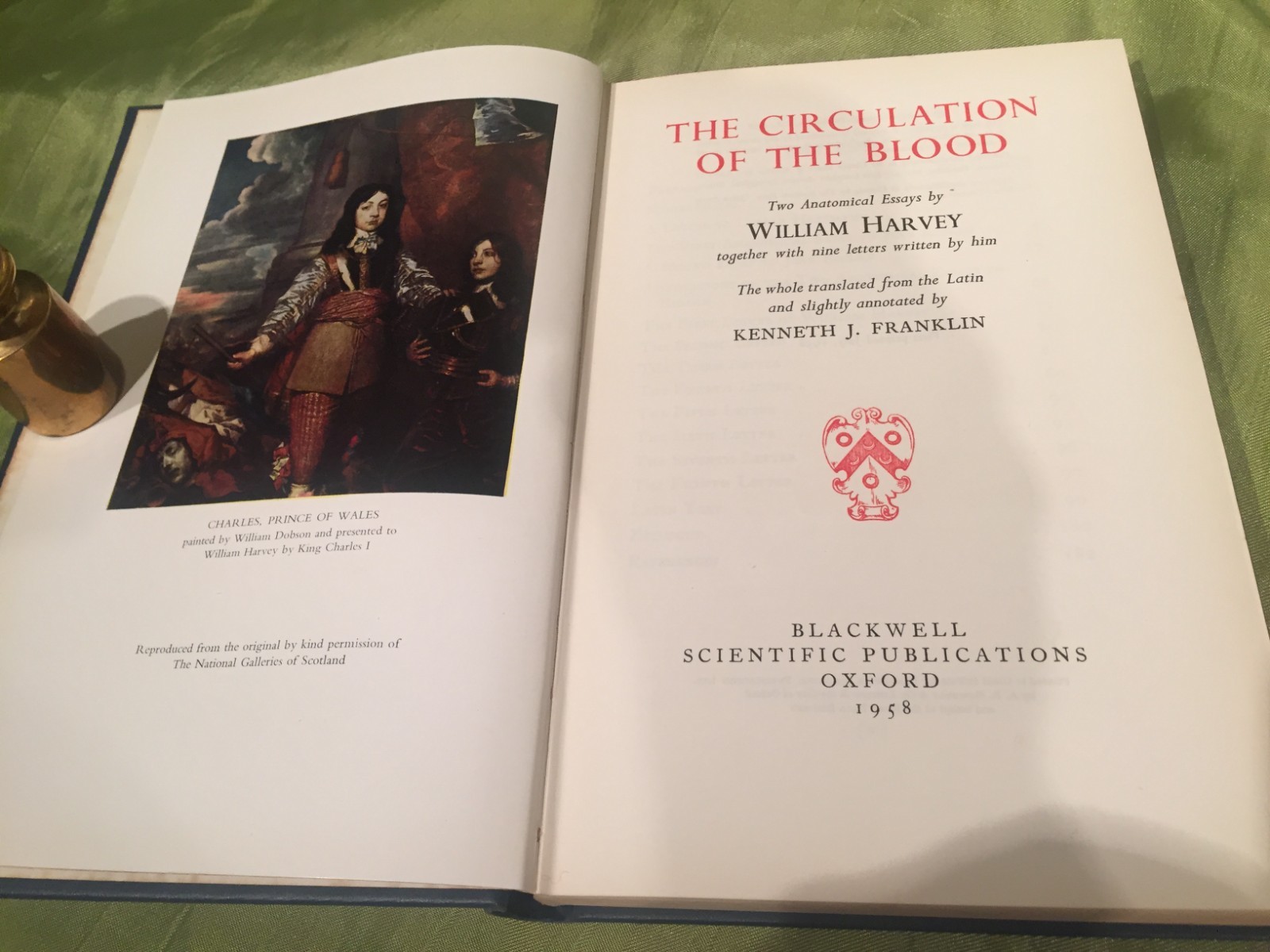 THE CIRCULATION OF THE BLOOD William Harvey BLACKWELL SCIENTIFIC 1958 HB
