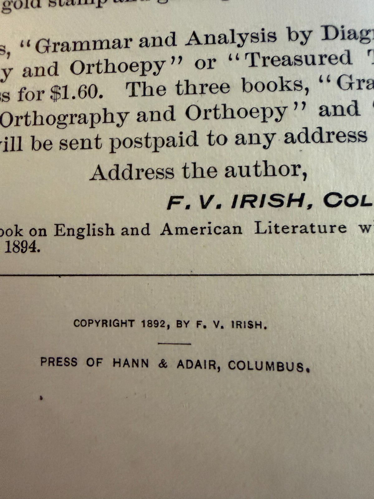 Antique Treasured Thoughts Gleaned From The Fields Of Literature FV Irish, 1892