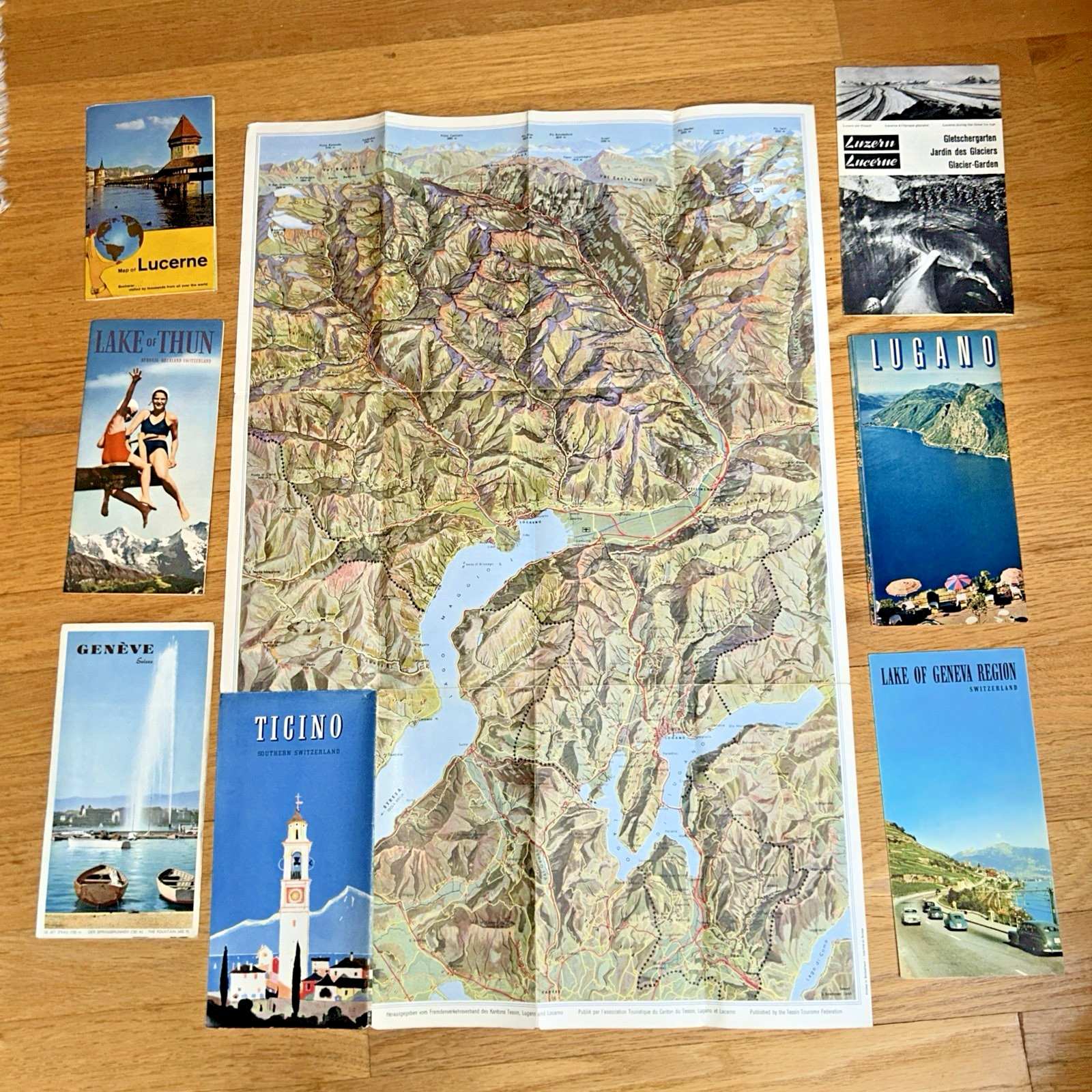 7 – 1950s & 60s SWITZERLAND Brochures/ Maps – Lugano / Geneva / Ticino / Lucerne