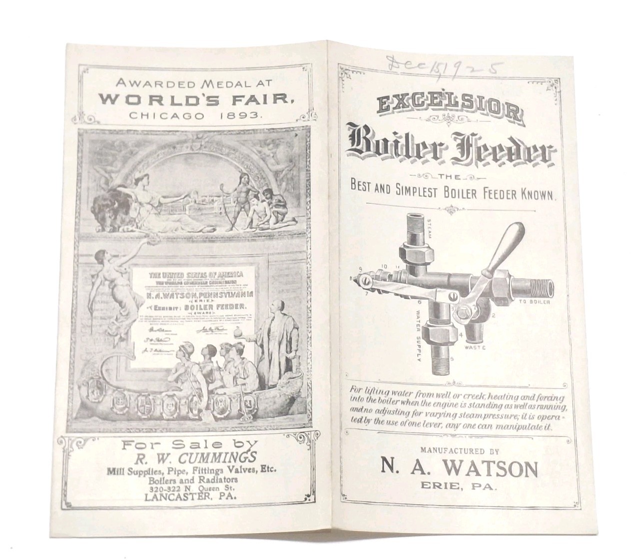 Excelsior Boiler Feeder Worlds Fair Columbian Exposition 1920’s Foldout Booklet