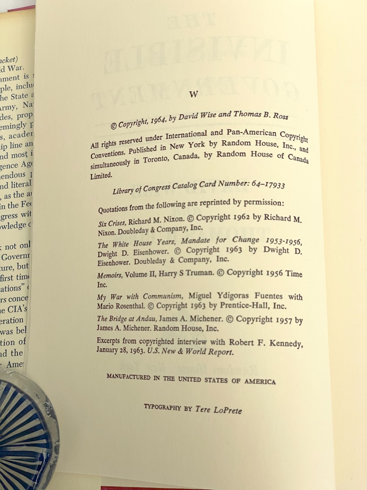 The Invisible Government, David Wise and Thomas Ross, 1964 Kiplinger Ed. HCDJ.