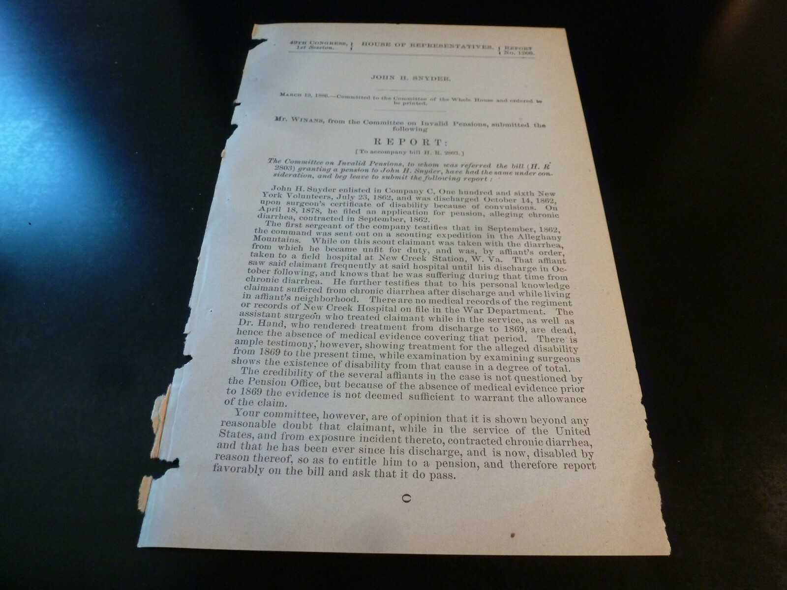 Government Report 1886 John Snyder Co C 106th NY Volunteers Civil War
