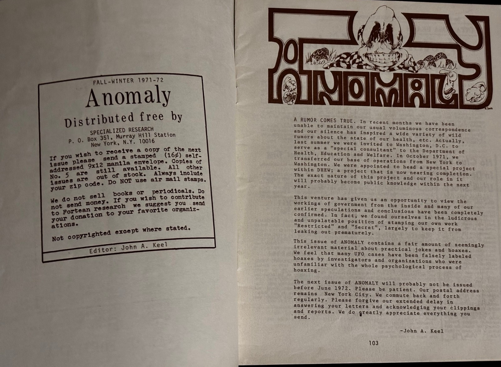 „Anomaly“, Original No. 7, Fall 1971, Ed. John A Keel, w/ Supplement; UFO News