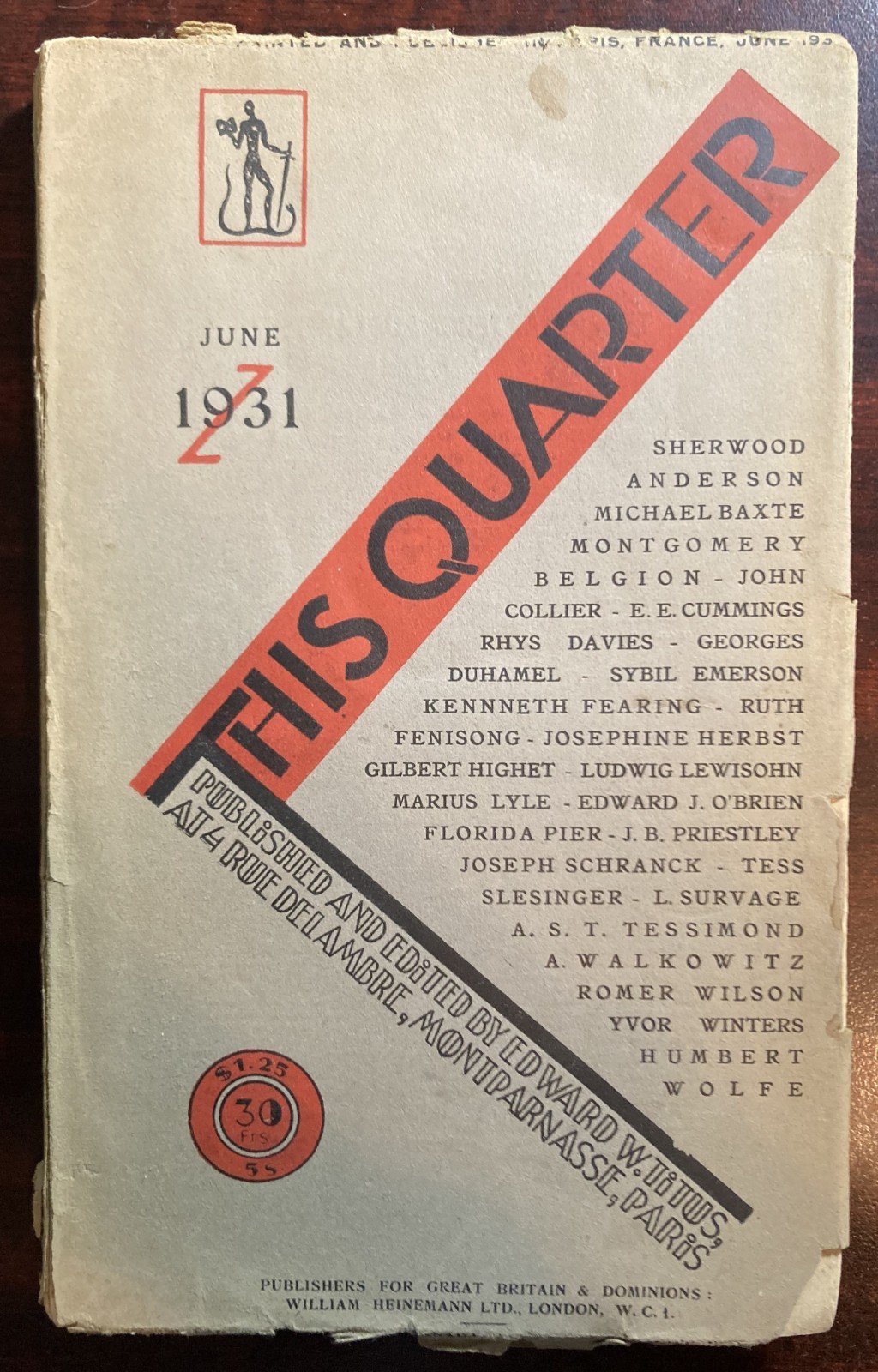 THIS QUARTER Literary Magazine-Apr, May, June 1931-Anderson, Cummings, Priestley